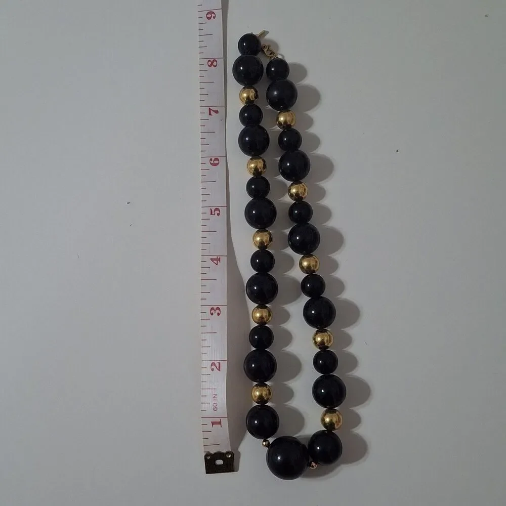Monet Gold Tone Chunky Round Black Beaded Statement Necklace Mod Vintage